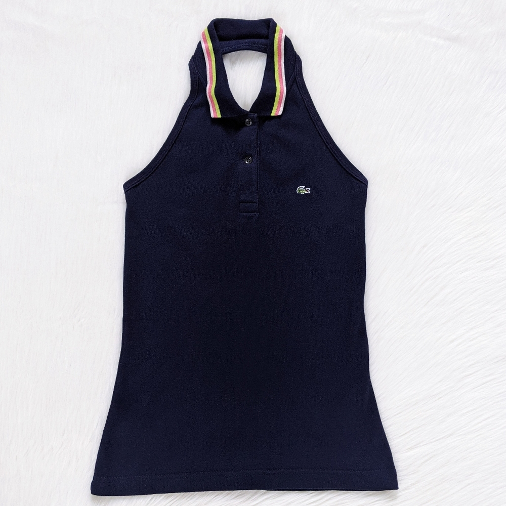 Lacoste Navy Blue Tennis Racket Embroidered Halter Neck Tank Top - Picture 4 of 11